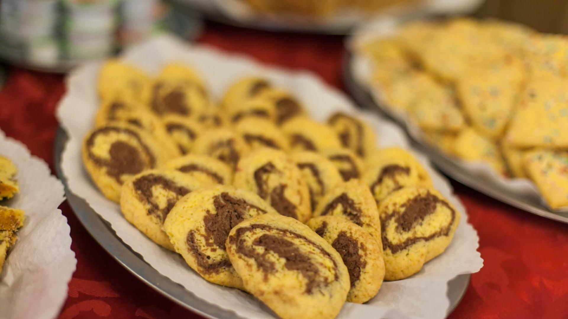 Chocolate swirl cookies on a tray.