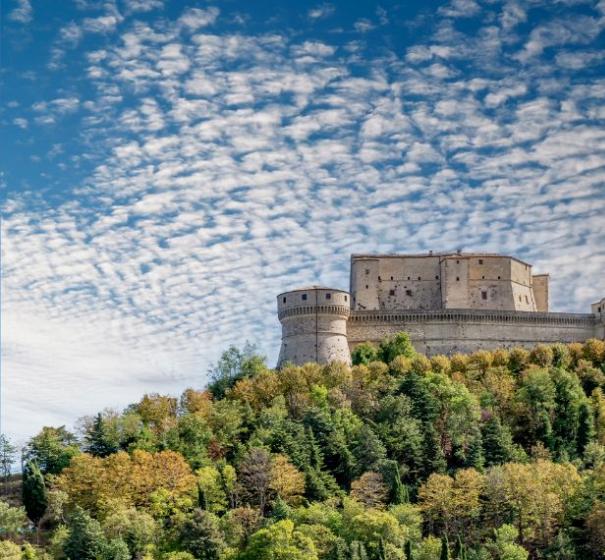 Castello su collina verde sotto cielo nuvoloso.